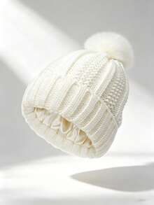 1pc Satin Lined Pom Pom Knit Beanie Hat, Thickened Warm Woolen Cap For Autumn/Winter, Anti-Frizz Versatile Cold Weather Hat - Pom-pom Style - View 12
