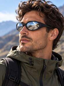 Men's Fashion Glasses, Black Wrapped Oval Narrow Frame, Silver Mirrored Lens, Streamlined Face-Hugging Design, Y2K Techwear Style, Streetwear Outfit - Multicolor - View 7