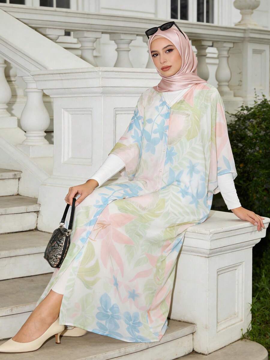 1pc Floral Print Button Women's Long Abaya, Suitable For Festival, Wedding, Vacation, Daily, Date, Travel, Spring/Summer - Green - View 1