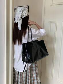 Women Solid Soft Faux Leather Tote Bag,Long Top Handles Side Tassel, Large Capacity With Inner Zip Pocket,Minimalist Elegant All-Season Office Commute - Black - View 7