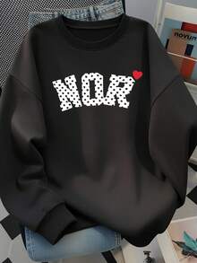 American Minimalist Fun Polka Dot Letter NOR Red Heart Print Black Crew Neck Sweatshirt Relaxed Fit Dropped Shoulder Long Sleeve Autumn - Black - View 3