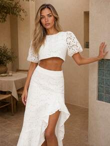 Dancing Leopard White Broderie Cropped Puff Sleeve Ruffle Co-Ord, Boho Tropical Elegant Holiday/Vacation Wear Brunch Summer - White - View 1