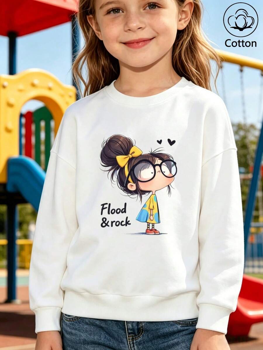 Girls' Cute Printed Drop-Shoulder Round-Neck Long-Sleeve Casual Sports Sweatshirt - White - View 1