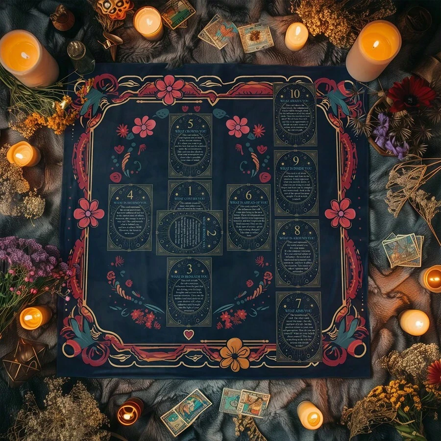 1 tấm khăn trải bài Tarot hoa văn 10 lá, thảm bàn thờ phù thủy in hướng dẫn bố cục Tarot, khăn trải bàn bói toán trang trí đọc tâm linh - Nhiều màu - Xem 1
