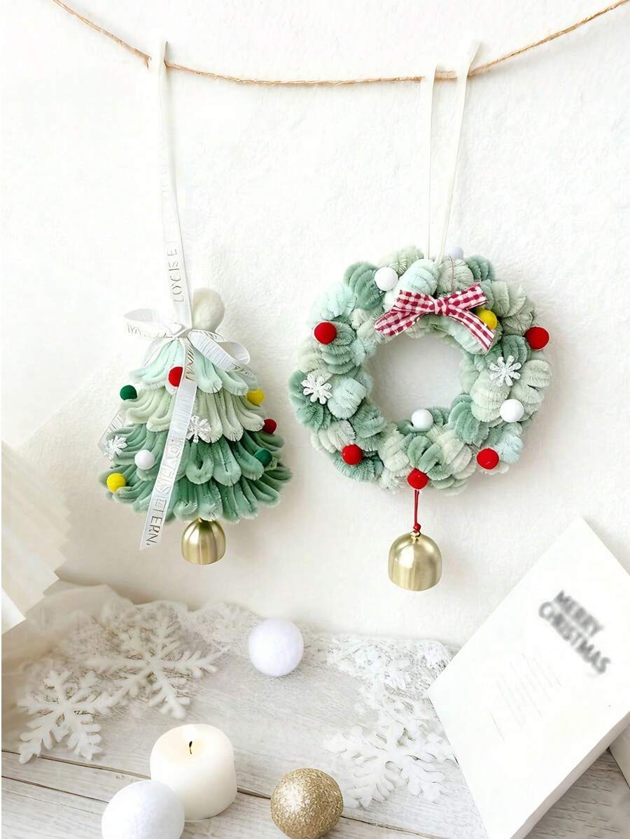 DIY 粉色可愛風鈴花環聖誕樹管棒手工風鈴聖誕樹裝飾掛飾 車用掛飾門掛飾 - 清新綠 - 查看 1