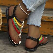 Women's Summer Bohemian Braided Rhinestone Roman Flat Sandals, Casual Vacation Style Versatile Shoes - Black - View 3