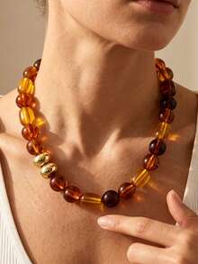 1pc Fall Decor Chunky Amber Acrylic Beaded Necklace, Vintage Barrel Bead Statement Collar Necklace For Women, Fall Fashion Jewelry - Necklace-7103 - View 1