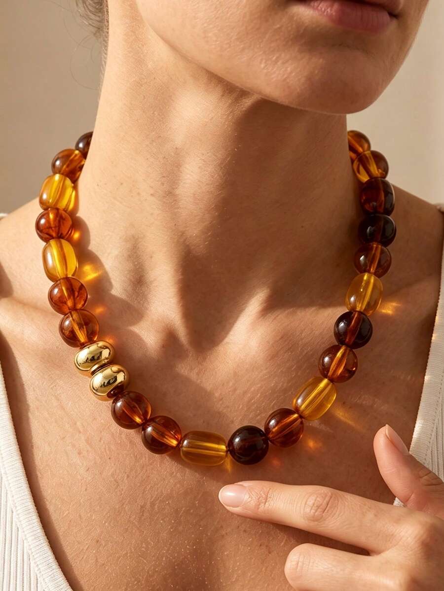 1pc Fall Decor Chunky Amber Acrylic Beaded Necklace, Vintage Barrel Bead Statement Collar Necklace For Women, Fall Fashion Jewelry - Necklace-7103 - View 1