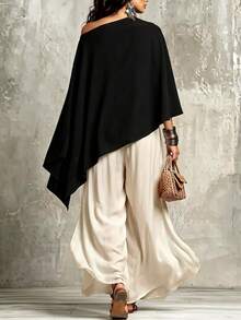Women's Bohemian Style Black Asymmetrical Collar Cape-Style Long Sleeve Top, Draped Regular Length Woven Blouse, Suitable For Autumn Wear - Black - View 4