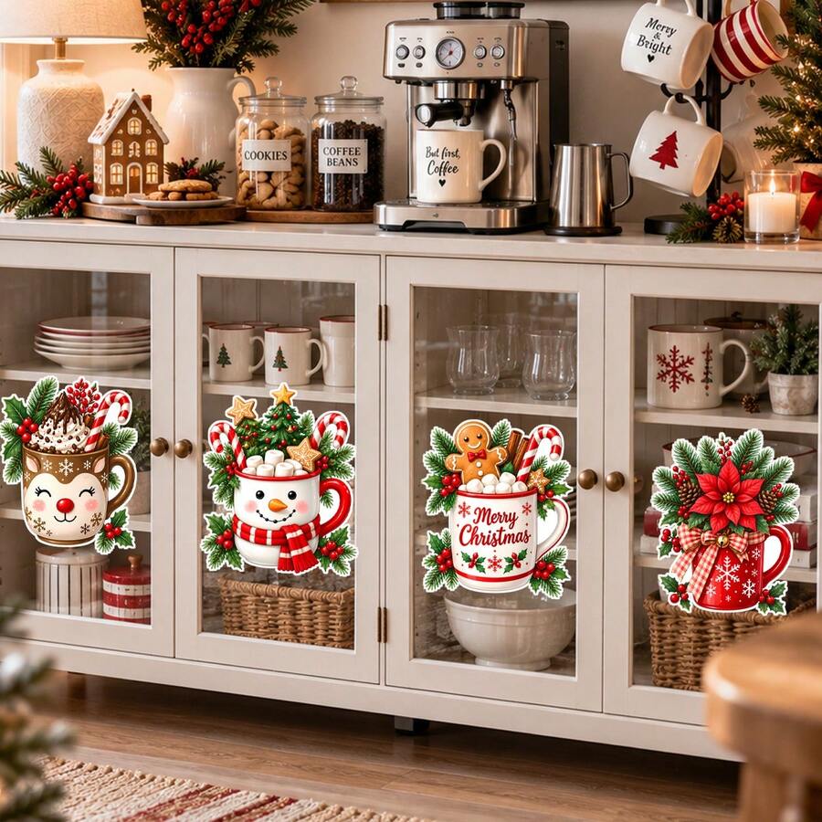 Christmas Kitchen Cabinet Stickers, Christmas Mug Stickers, Gingerbread Man Snowman Cup, Holiday Decoration, Suitable For Refrigerator Door, Pantry Cabinet, Home Decor - Christmas Wall Decals - View 1