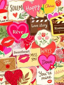 Vintage Confession Love Theme Stickers, PET Material, Heart Rose Romantic Gift Decorative Stickers, Includes Heart Shape, Love Letter Envelope And Confession Text Elements, Suitable For Diary Scrapbooking, Notebooks, Storage Boxes, Luggage, Skateboards, Helmets, Computer DIY Decoration - A - View 1