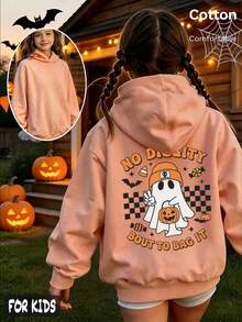 Halloween Girls' Thin Hoodie With Ghost, Pumpkin, Bat, Candy & Checkered Print, 'NO DIGGITY BOUT TO BAG IT' Text, - Hami Melon Orange - View 2
