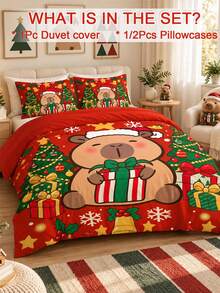 2/3pcs Christmas Bedding Set, Cute Capybara Pattern, Soft And Comfortable, Skin-Friendly And Breathable, Suitable For All Seasons, Fits Single, Double, Queen, King, And Extra Large Beds. Dorm Room Minimalist Home Textiles, Back To School Essential, Machine Washable, Autumn Bedroom Decor. Includes 1 Duvet Cover And 1/2 Pillowcases (Duvet Insert Not Included). - Multicolor - View 2