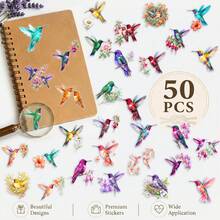 50pcs Watercolor Hummingbird Floral Stickers, Transparent PET Bird Flower Decals, Fresh Botanical Nature Sticker Pack, Waterproof DIY Decor For Journal Notebook Laptop Phone Scrapbook Planner, Christmas Gift For Sticker Lovers - Multicolor - View 2