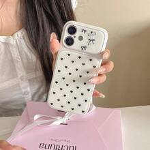 A Simple Milk White Small Heart Big Window Phone Case With A Camera Frame And Cartoon Bow Sticker Pattern, Suitable Compatible With Apple 17 Promax/11/12/13/14/15/16 Pro, With A Girlish Style - Black and White - View 2