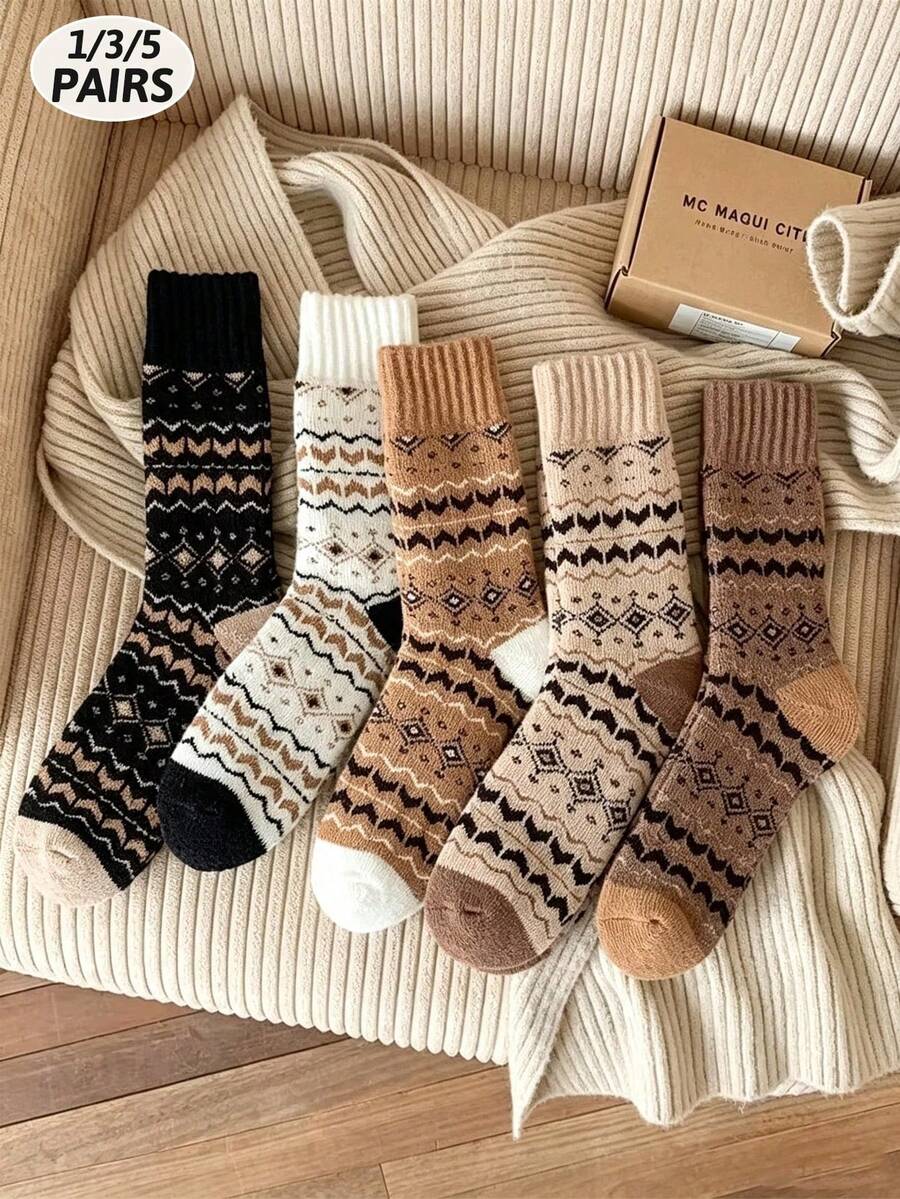1/3/5 Pairs Men's Mid-Calf Thickened Thermal Lined Socks, Sweat-Absorbent Japanese Retro Style, Warm Long Socks For Autumn/Winter - Multicolor - View 1