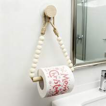 2pcs Wall Mounted Toilet Paper Holder, With Rope & Wooden Storage Rack, Rustic Wooden Style, Suitable For Bathroom, Washroom, No Drilling Required - Brown - View 3