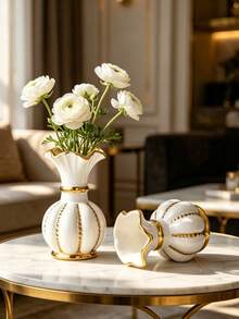 1 Piece Modern Luxury White Gold Ribbed Ceramic Vase For Living Room Decor - 1PC - View 2