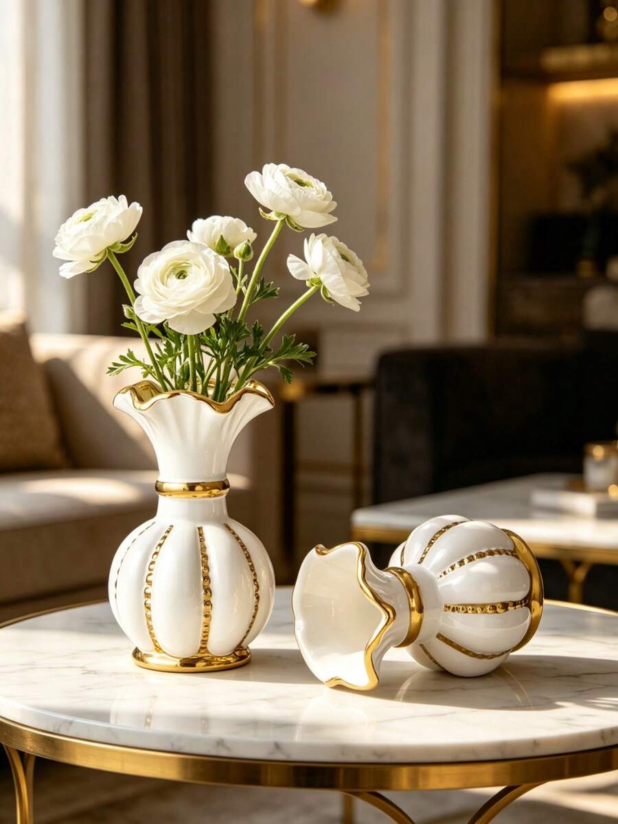 1 Piece Modern Luxury White Gold Ribbed Ceramic Vase For Living Room Decor