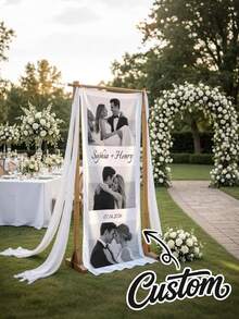 Customized Wedding Welcome Banner, Personalized Photo Name Date Fabric Hanging Flag, Customized Couple Photo Wedding Reception Decoration Backdrop - Multicolor - View 6