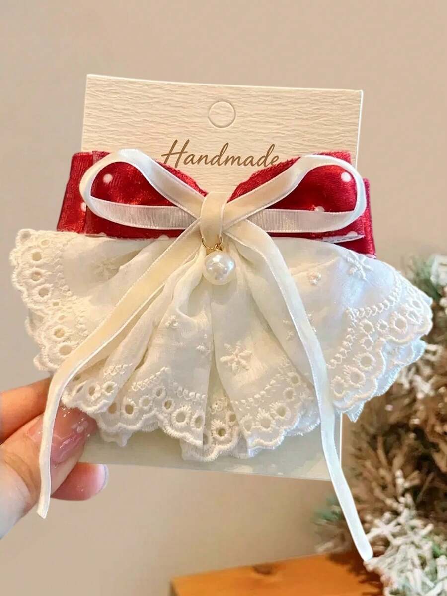 1pc Girls Sweet Cute Autumn New Multi-Color Flocked Polka Dot Bow Lace Ribbon Hair Clip - Red - View 1