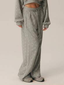 Women's Polka Dot Wide Leg Sweatpants, Elastic Drawstring Waist, Side Pockets, Casual Jogging Pants - Light Grey - View 8