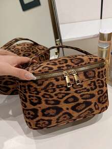 Women's Canvas Leopard Print Handheld Makeup Bag & Toiletry Storage Bag, Large Capacity Portable, Suitable As Birthday Gift For Girls And Working Women - Multiple Styles and Colors - View 5