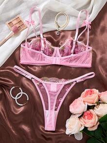 1 Set Of 2-Piece Women's Pink Embroidered Floral Everyday Lingerie Set, Featuring A Semi-Transparent, Comfortable, And Elegant Short Top With A Thong - Pink - View 2