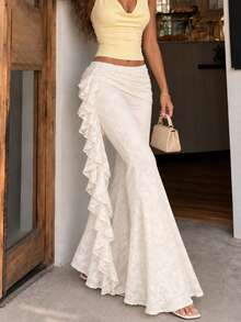 Women's Fall/Winter White Ruffle Trim Tie-Waist Slim-Fit Elegant Trousers - Suitable For Commuting, Halloween/Christmas Festivities, Back-To-School - White - View 3