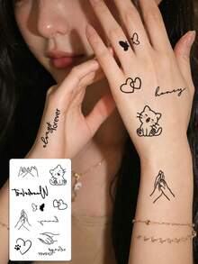 1 Sheet Cute Mini Temporary Tattoo Stickers, Fine Line Cartoon Cat Butterfly Interlocking Hearts & Cursive Words Fake Tattoos, Sweet Aesthetic Body Art For Women, Waterproof Finger Decor - Black - View 1
