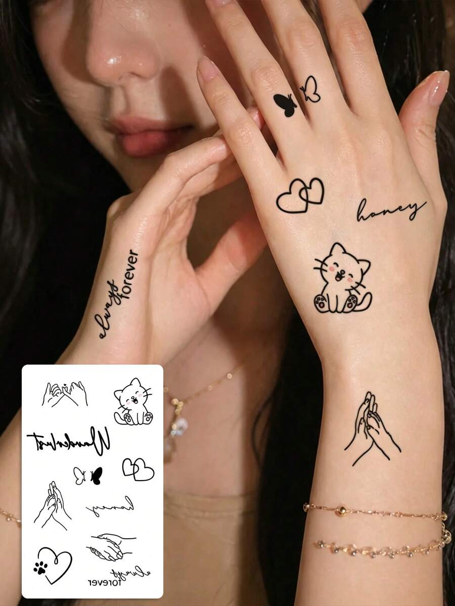 1 Sheet Cute Mini Temporary Tattoo Stickers, Fine Line Cartoon Cat Butterfly Interlocking Hearts & Cursive Words Fake Tattoos, Sweet Aesthetic Body Art For Women, Waterproof Finger Decor - Black - View 1