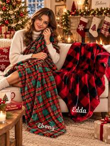 1PC Custom Embroidered Christmas Tartan Plaid Throw Blanket, Personalized Custom Name Blanket With Scottish Check Pattern, Single Layer Build, 2 Style Options, Decorative Blanket For Sofa And Bed, Ideal Holiday Gift - Multicolor - View 7