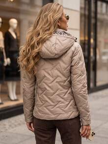 Women's Quilted Hooded Jacket With Detachable Hood, Zip Front And Side Pockets - Camel - View 3