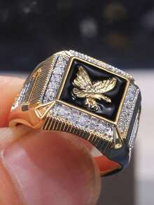 1pc Men's Bird Pattern Embossed Square Ring, Suitable For Daily Wear, Party, Anniversary, Holiday Gift. No Packaging Box. - Gold - View 3