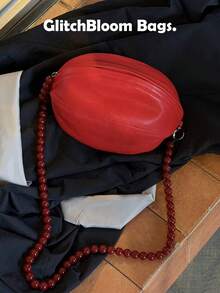 MINIRed Dumpling Mini Handbag With Beaded Handle, Fits 6.67" Phone, Cute PU Leather Party Purse For Women, Novelty Y2K Clutch Bag - Red - View 3