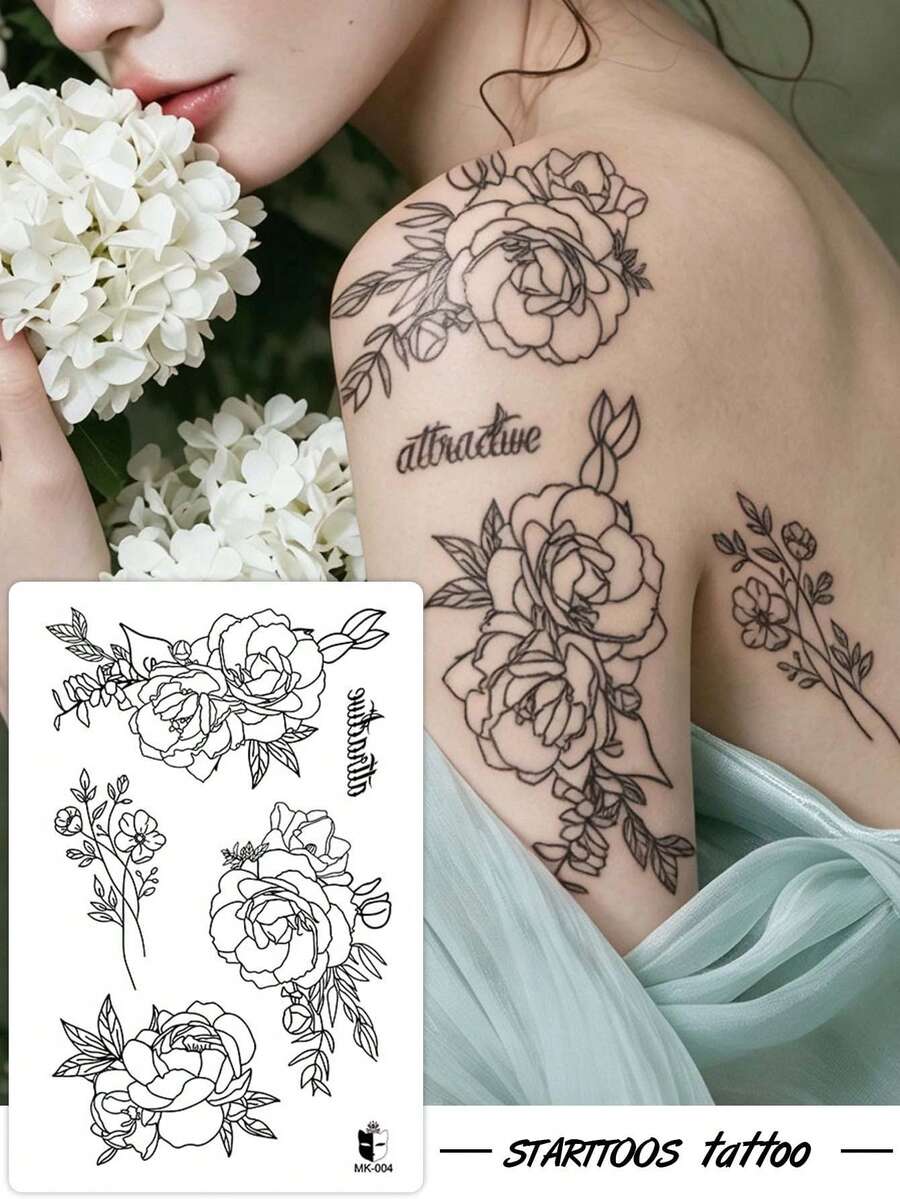 STARTTOOS Black Aesthetic Floral Branch & Leaf Pattern Party Gift Music Festival DIY Holiday Gift Temporary Waterproof Tattoo Stickers For Arm, Shoulder, Neck, Back, 1pc/Pack - Black - View 1