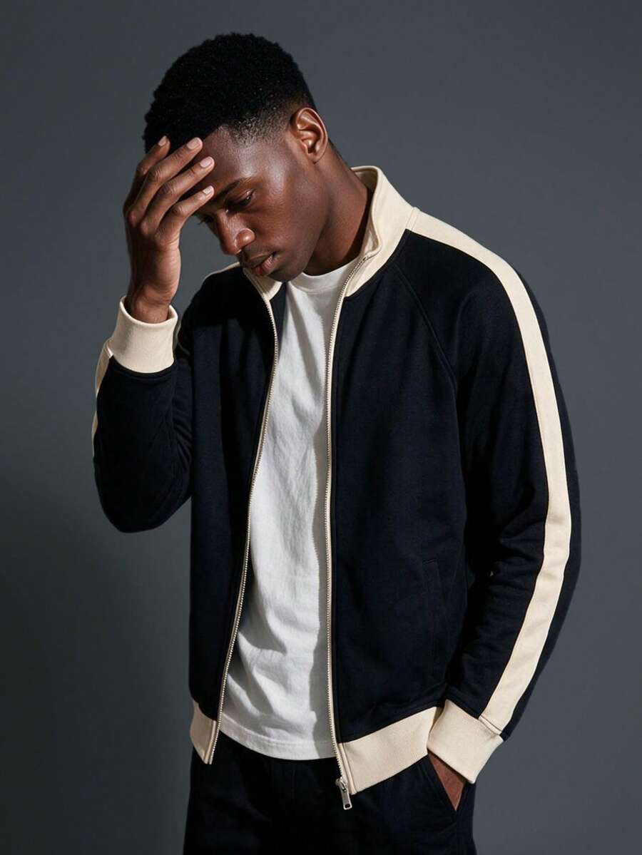 Camvyn Men's Autumn/Winter Casual Versatile Patchwork Loose Raglan Sleeve Polo Collar Sweatshirt - Black - View 1