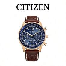 CITIZEN Men's -Drive Chronograph Watch Rose Gold Plated Case Deep Blue Dial Tachymeter Scale Vintage Brown Leather Strap Retro Pilot Style Men Wristwatch - Blue - View 6