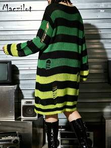 Plus Size Striped Ripped Knit Sweater Dress, Long Sleeve Crew Neck Loose Mid‑Length Pullover Dress Fall Winter Streetwear - Multicolor - View 4
