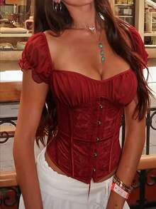 Apperloth A Elegant Vintage Red Lace Mesh Corset Top, Heart-Shaped Neckline With Front Metal Hook And Eye Closure, Back Lace-Up Shoulder Design With Boning, Suitable For Music Festivals And Halloween Parties - Red - View 4