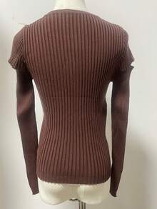 1pc Women's Slim Fit Long Sleeve Knit Top, Cutout Sleeve Design, Autumn/Winter Inner Layer Base Layer - Coffee Brown - View 6