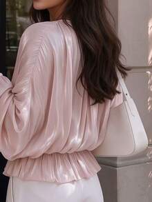 Pink Metallic Satin Pleated Blouse For Women Tie Keyhole Neck Lantern Sleeve Peplum Waist Elegant Work Date Flowy Top - Baby Pink - View 2