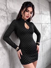 Women's Fashion Elegant Minimalist Polka Dot Lace Patchwork Cheongsam Collar Frog Button Design Slim Fit Short Dress - Black - View 2