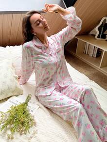 Sweet Style Rose & Bow Print Pajama Set, Ruffle Hem Lantern Sleeve Top + Long Pants, Women's Autumn/Winter Home Sleepwear - Pink - View 4