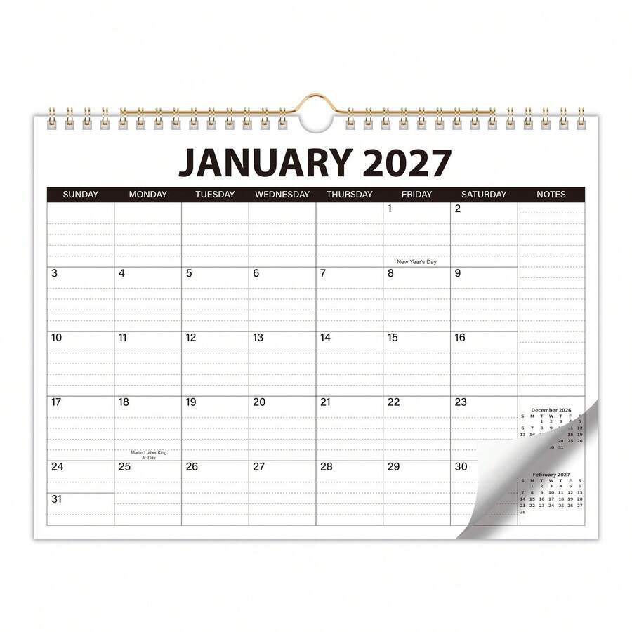 2027 極簡風壁掛日曆,12個月大格月曆,寬敞書寫空間 + 備忘錄記錄區,居家辦公行程規劃桌面壁掛日曆 - 單色-B - 查看 1