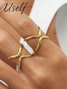Uself 2pcs/1pc Waterproof 18K Gold Zirconia Stainless Steel Rings, Suitable For Women, Luxurious Elegant Statement Ring, Engagement Jewelry, Anti-Oxidation Jewelry, Gift For Her - Multicolor - View 3