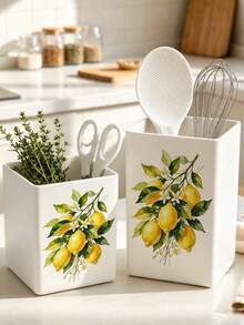 1pc Abstract Watercolor Lemon Branch Multi-Functional Storage Organizer Box - Tableware Storage Box, Desktop Organizer (Suitable For Storing Tableware, Straws, Tea Bags, Pens, Remote Controls); Compact And Space-Saving, Suitable For Kitchen, Office, Living Room (Please Note The Size Before Ordering) - Multicolor - View 2