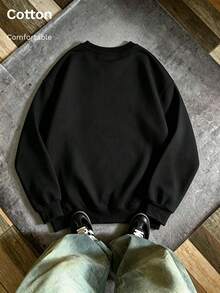 Men's Cotton Long Sleeve Crewneck Sweatshirt With Paris France Letter Print Casual Loose Pullover For Fall - Black - View 4