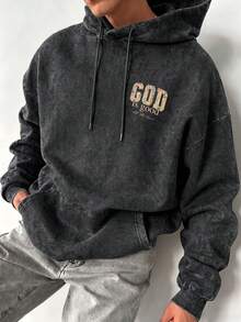 Áo hoodie nam in hoa và chữ, dáng rộng, kiểu chui đầu, vải wash - màu đen - Xem 3