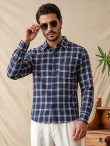glestore Men's Vintage Casual Printed Long Sleeve Button Down Shirt, Suitable For All Seasons, Versatile - Royal Blue - View 1